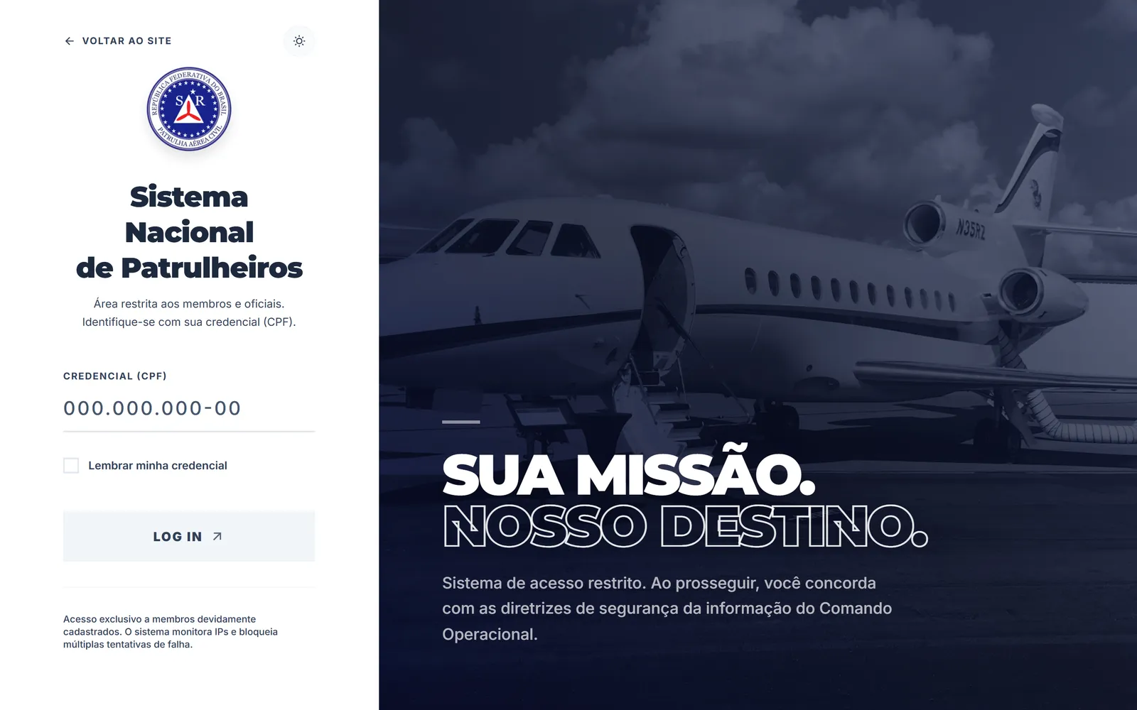 Tela de login do painel administrativo da PAC, com acesso por CPF